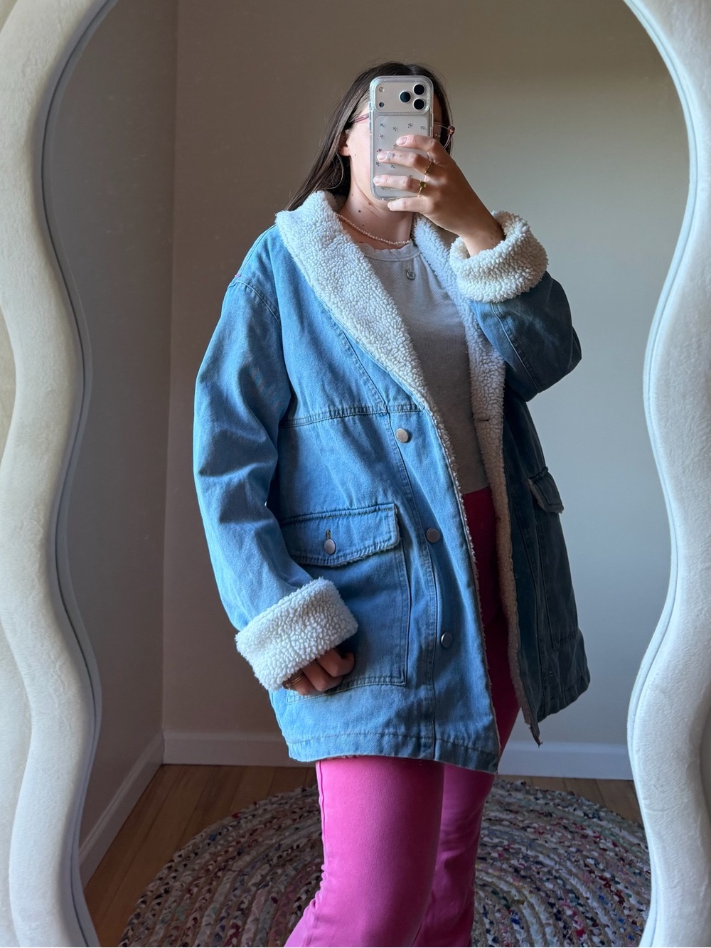 Light Blue Oversized Denim Sherpa-Lined Jacket - Women